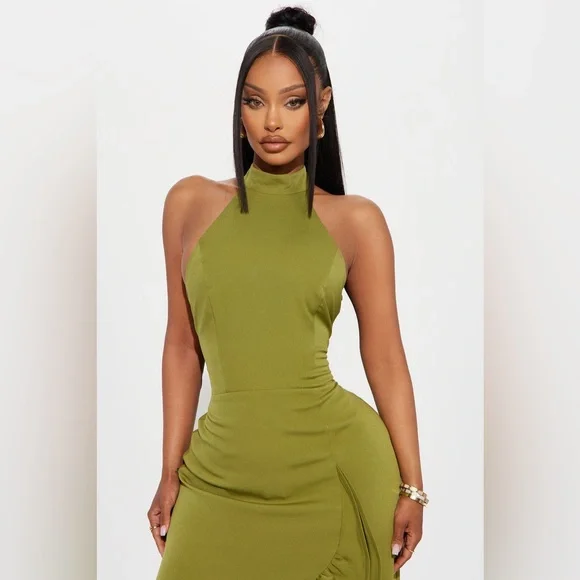 FASHIONNOVA Elegant Olive Green Halter Dress - Picture 2 of 5